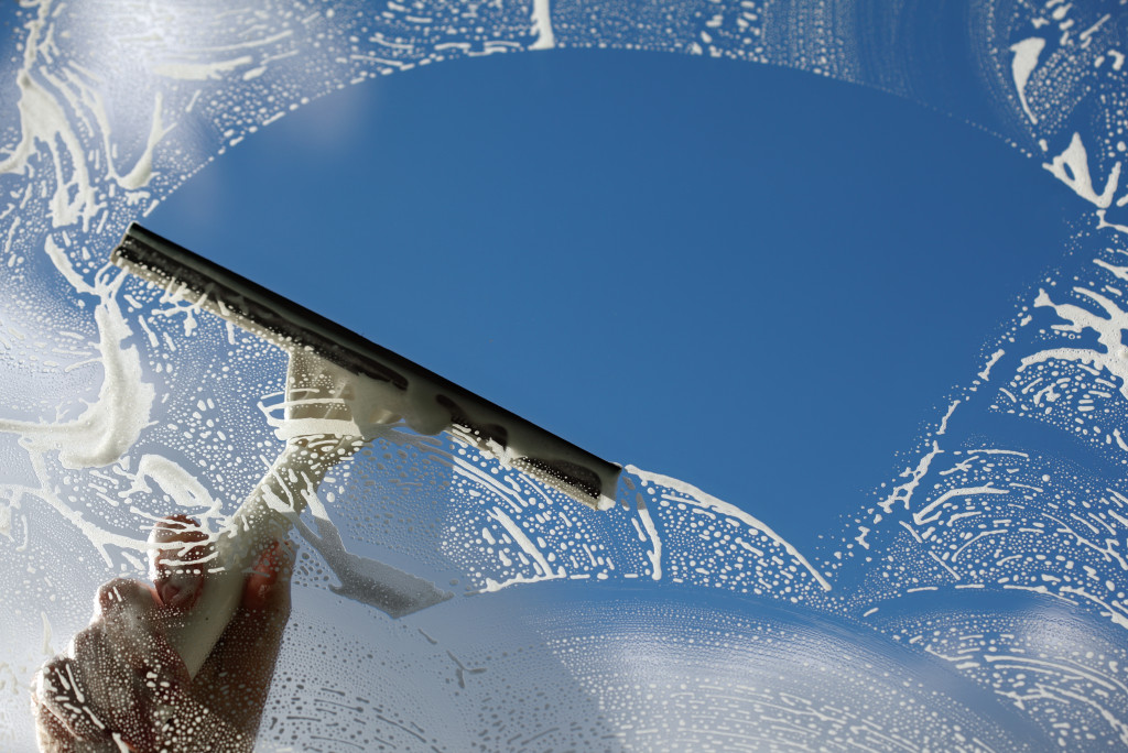 Focus on squeegee being used to clean window