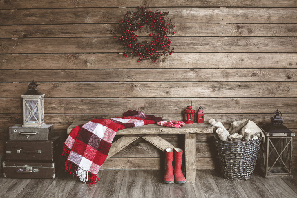 Winter home decor. Christmas rustic interior. Farmhouse decoration style.